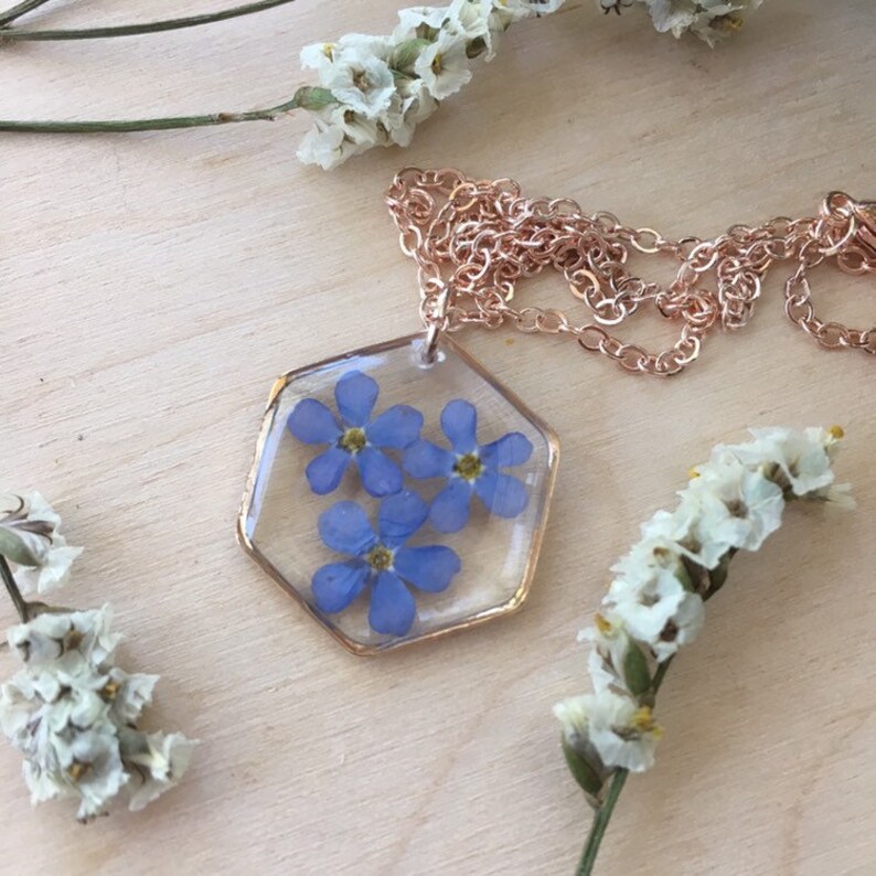 pressed flowers geometric jewelry forget-me-not resin necklace Rose gold hexagon resin necklace botanical jewelry