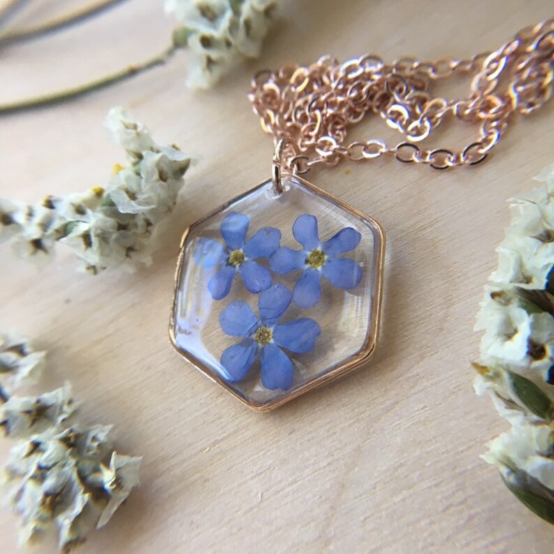 pressed flowers geometric jewelry forget-me-not resin necklace Rose gold hexagon resin necklace botanical jewelry
