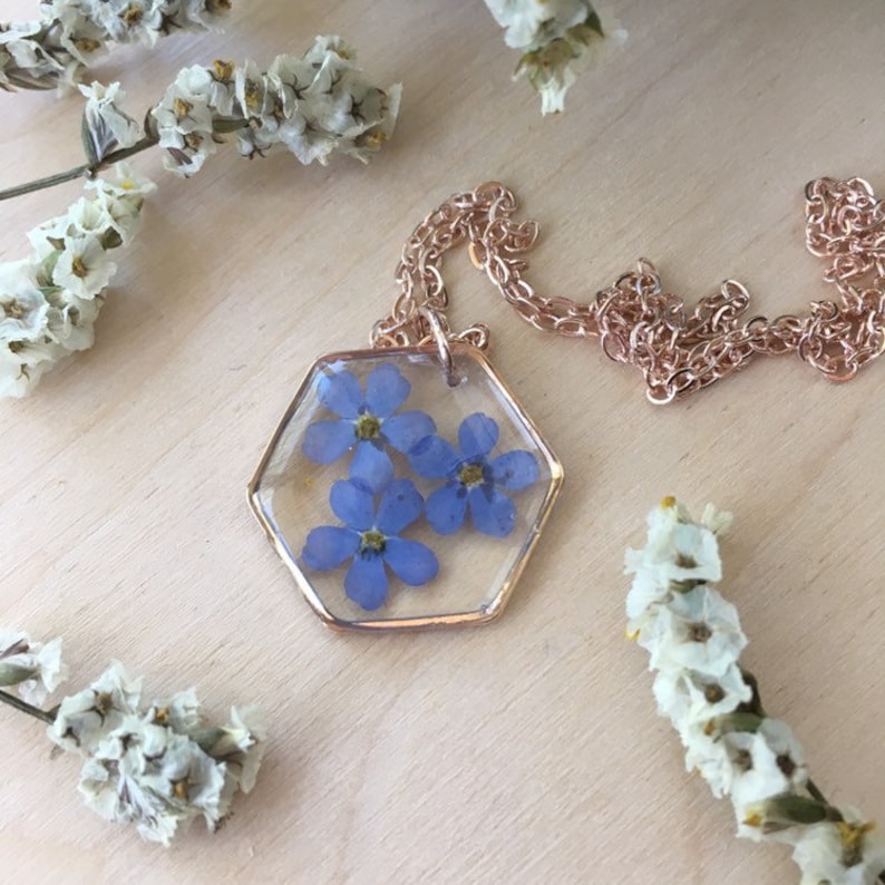 pressed flowers geometric jewelry forget-me-not resin necklace Rose gold hexagon resin necklace botanical jewelry