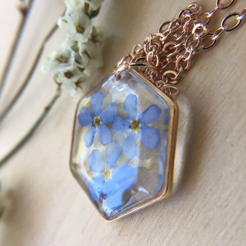 pressed flowers geometric jewelry forget-me-not resin necklace Rose gold hexagon resin necklace botanical jewelry