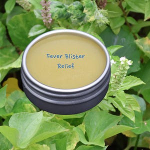 May include: A small, round, silver tin of Fever Blister Relief balm. The balm has a light yellow color and the text "Fever Blister Relief" is printed in blue on the surface. The tin is surrounded by green leaves and small white flowers.