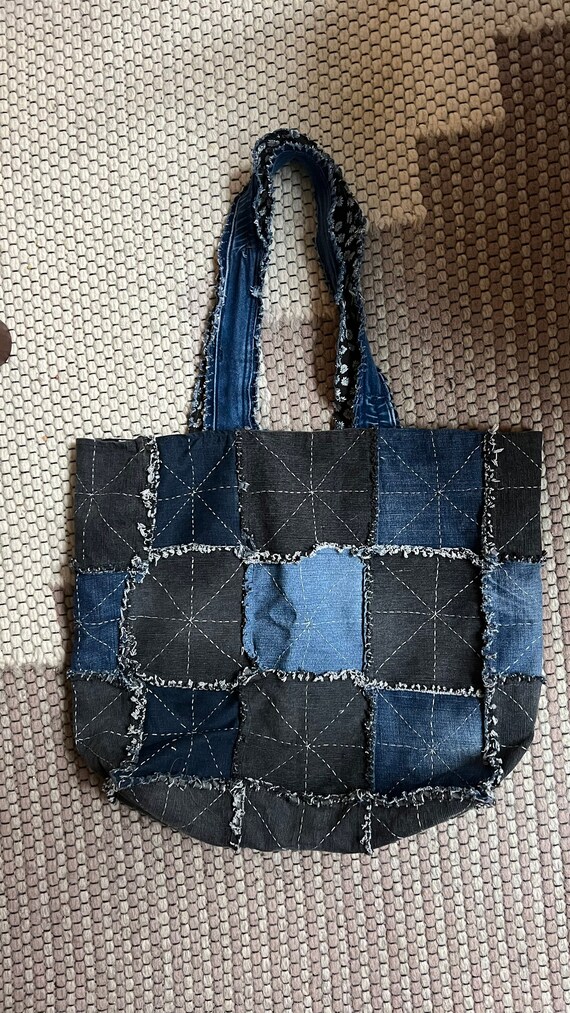 Patchwork Denim Blue Tote Bag Light Weight Grocery Shopping
