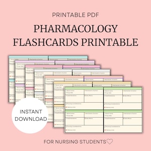 May include: A stack of pharmacology flashcards with a pink background. The cards are in various pastel colors and feature a grid layout for notes. Text on the cards includes "Brand name", "Mechanism of action", and "Uses/Indications". The words "INSTANT DOWNLOAD" are also visible.