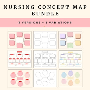 May include: A collection of nursing concept maps, with the text "NURSING CONCEPT MAP BUNDLE" and "3 VERSIONS + 3 VARIATIONS". The image shows nine concept map templates in different colours and designs, including pink, white, and pastel shades.