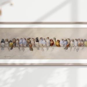 Französisches Vintage Aquarell Vögel / Landschaft Panorama / sofortiger digitaler Download