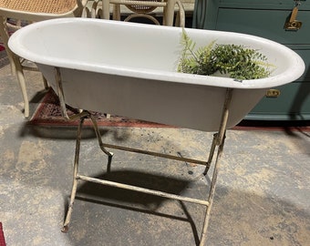 Enamel farmhouse Baby tub with stand, rustic, primitive, antique, Eastern Europe