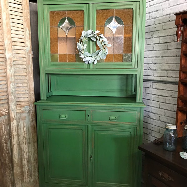 Antique refinished stepback hutch, farmhouse kitchen, green, chalkpainted, stained glass