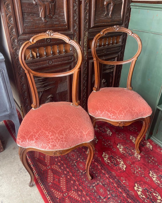 Pair of Antique French Parlor Chairs Louis XV Balloon Back 