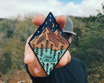 CAMPING PATCHES, Large Patch, MOUNTAIN Patch, Outdoor Exploring Adventuring Tons Of Trees Embroidery Details Product Iron-On Backing Patch