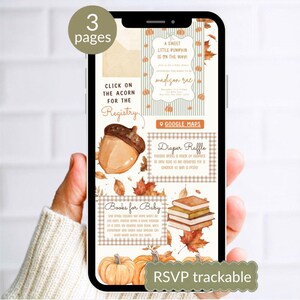 以下が含まれることがあります： スマートフォン画面に表示されたベビーシャワーのデジタル招待状テンプレート。カボチャ、ドングリ、秋の葉などの秋のテーマが特徴です。レイアウトには、おむつ抽選会、赤ちゃんのための本、レジストリ情報などのセクションとテキストが含まれています。