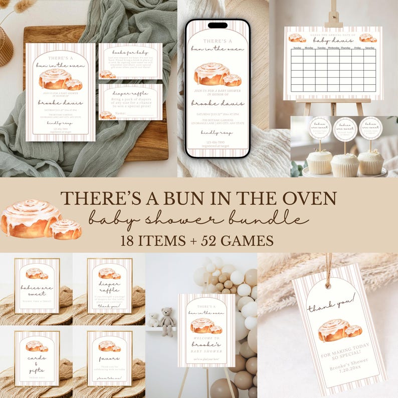 Gift Raffle Border Bun in the Oven Baby Shower Invitation Bundle | Cinnamon Roll Baby ...