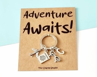 Personalised Adventure Awaits Keyring, Gap Year Travel Gift, Moving Away Safe Travels Charm, Passport and Aeroplane Keychain