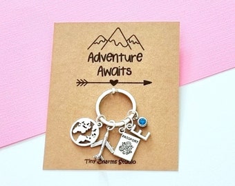 Adventure Awaits keyring, Personalised Birthstone Travel Keyring, Gift For Traveller