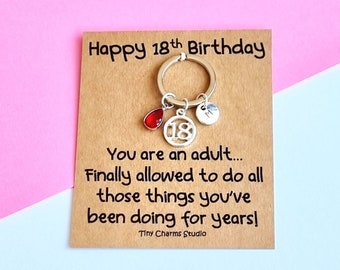 Personalised 18th Birthday Keyring, Initial and Birthstone Charm