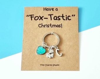 Personalised Fox Christmas Keyring, Initial Glitter Heart Charm