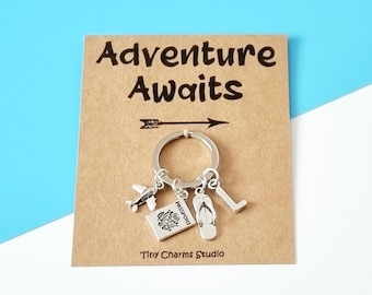 Adventure Awaits keyring, Personalised Birthstone Travel Keyring, Gift For Traveller