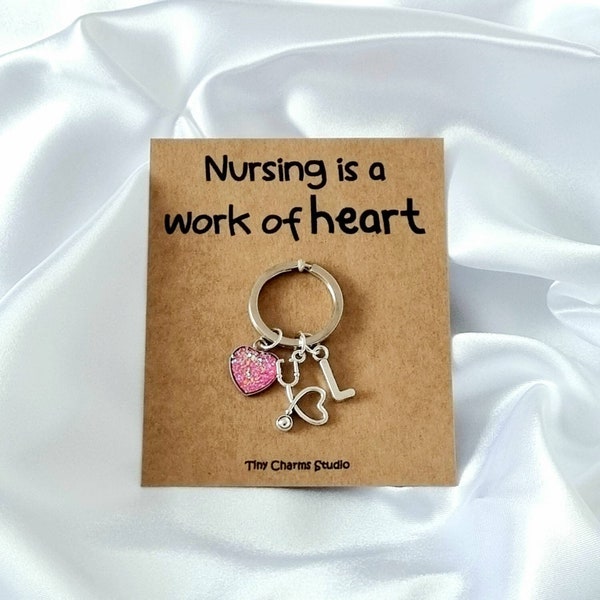 Nursing Is A Work Of Heart, Stethoscope Keyring, Personalised Nurse Gift, Nurse Keyring