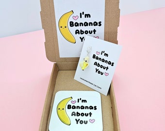 I'm Bananas About You Gift - Cute Kawaii Banana Keyring and Coaster Set