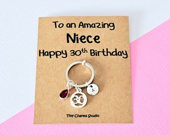 Personalised 30th Birthday Niece Keyring, Initial, Birthstone, Milestone Keepsake