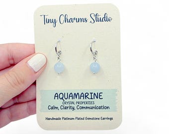 Aquamarine Dangle Earrings, Platinum Plated Drop earrings, Blue Gemstone Jewellery, Dainty Boho Drops, Birthday Gift, Huggie Leverbacks