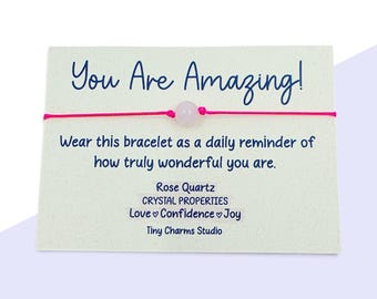 You Are Amazing Rose Quartz Gemstone Bracelet Gift Daily Reminder Sentiment Card Confidence Joy Love Crystal Friendship Gift For Her