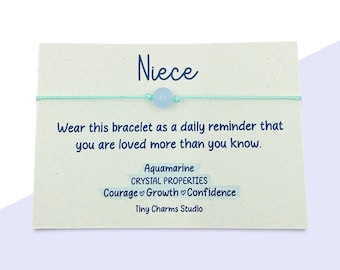 Aquamarine Gemstone Bracelet Gift For Niece, Courage, Growth, Confidence, Birthday Gift For Her, Manifestation Crystal Wish Charm Card