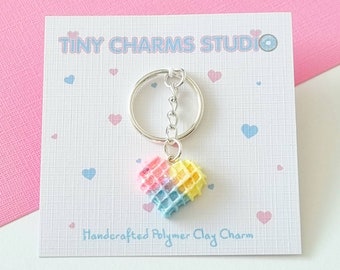 Rainbow Miniature Heart Waffle Polymer Clay Charm, Stitch Marker, Planner Accessories