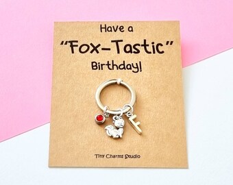 Personalised Fox Birthday Keyring, Initial and Birthstone Charm