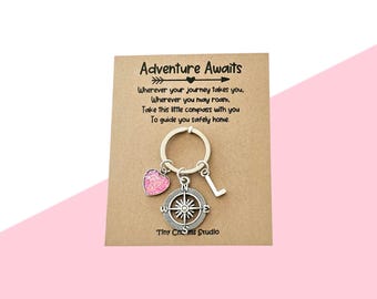 Personalised Travel Compass Keyring, Adventure Awaits Gap Year Gift, Moving Away Safe Travels Charm, Travelling Keepsake