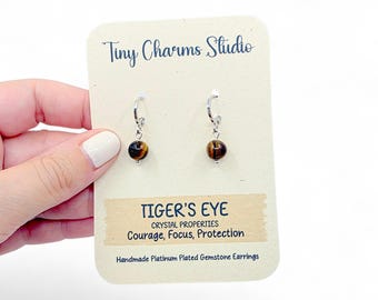 Tiger's Eye Dangle Earrings , Platinum Plated Drop Earrings, Brown Gemstone Jewellery, Dainty Boho Drops, Birthday Gift, Huggie Leverbacks