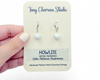 Howlite Dangle Earrings, Platinum Plated Drop earrings, White Gemstone Jewellery, Dainty Boho Drops, Birthday Gift, Huggie Leverbacks