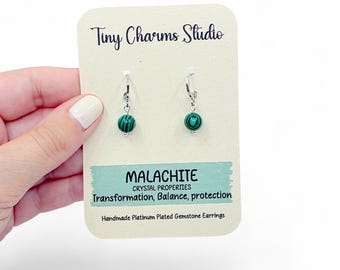 Malachite Earrings Dangle, Platinum Plated Drop Earrings, Green Gemstone Jewellery, Dainty Boho Drops, Cute Friend Gift, Huggie Leverbacks