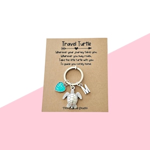 Personalised Travel Turtle Keyring, Safe travels Gift For Backpacker, Moving Away Good Luck Charm, Keepsake Keychain