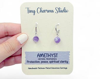Amethyst dangle earrings, Platinum Plated Drop Earrings, Purple gemstone jewellery, Dainty Boho Drops, Birthday Gift, Huggie Leverbacks