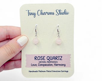 Rose Quartz Dangle Earrings, Platinum Plated Drop Earrings, Pink Gemstone Jewellery, Dainty Boho Drops, friend Gift, Huggie Leverbacks