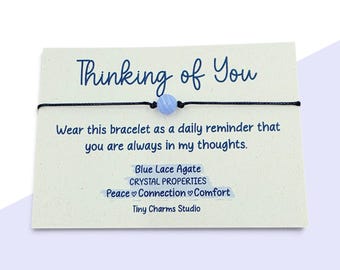 Thinking Of You Blue Lace Agate Gemstone Adjustable Bracelet, Daily Reminder Sentiment Card, Peace Comfort Crystal Friendship Gift For Her