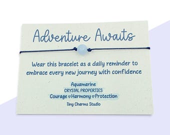 Adventure Awaits Aquamarine Adjustable Gemstone Bracelet - Travel Gift New Journey Good Luck Protection Crystal Going Away Leaving Present