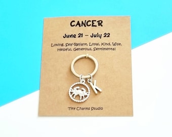 Cancer Zodiac Keyring, Personalised Initial Charm, Birthday Gift