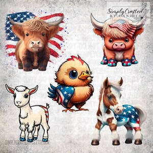 Patriotic Baby Animals Clipart Bundle, Patriotic Goat, Patriotic Horse, Patriotic Highland Cow, Clipart Element, Chicken,Clipart,Element,PNG