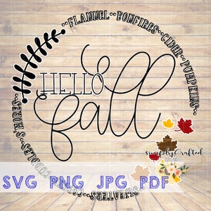 Hello fall, Fall, Autumn, Leaves, Cut file, Cut, Decal, Digital Image, SVG, Fall SVG, Cricut, Silhouette, PNG, Swirly Lettering