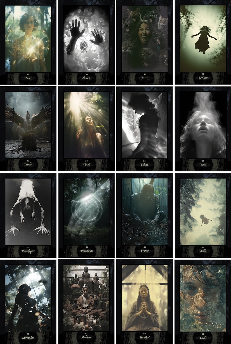 Pu&ograve; includere: Un set di 16 carte dei tarocchi con bordi neri e una variet&agrave; di immagini, tra cui una donna con una corona, una mano che si protende, una donna con un'aureola e una donna con un uccello. Le carte sono numerate da 49 a 64.