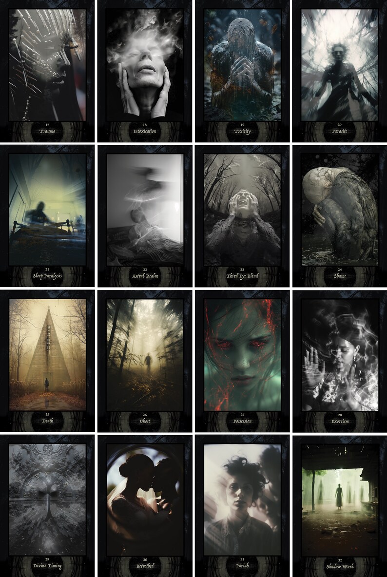 Pu&ograve; includere: Un set di 12 carte dei tarocchi con bordi neri e testo bianco. Ogni carta presenta un'immagine diversa con un tema oscuro e misterioso. Le carte sono numerate da 17 a 32.