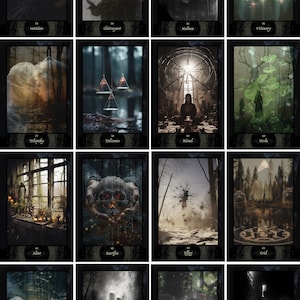 Pu&ograve; includere: Un set di 16 carte dei tarocchi con sfondi scuri e immagini di vari temi mistici e occulti. Le carte presentano immagini di un teschio, una sfera di cristallo, una mano tesa, un rituale, una foresta e altro ancora.