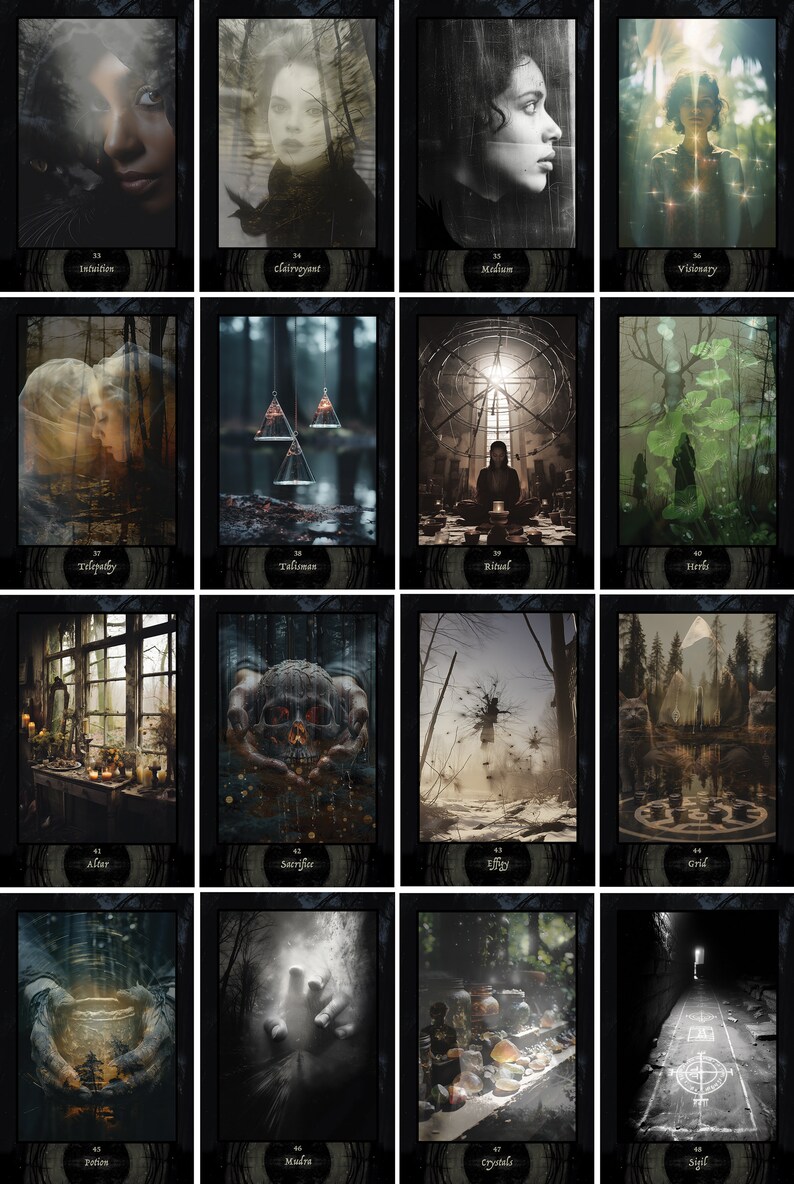 Pu&ograve; includere: Un set di 16 carte dei tarocchi con sfondi scuri e immagini di vari temi mistici e occulti. Le carte presentano immagini di un teschio, una sfera di cristallo, una mano tesa, un rituale, una foresta e altro ancora.