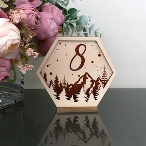 Laser Cut Wedding Table Numbers - Mountain and Forest Table Numbers For Reception - Wooden Wedding Signs For Wedding Table - wedding decor