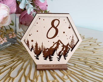 Laser Cut Wedding Table Numbers - Mountain and Forest Table Numbers For Reception - Wooden Wedding Signs For Wedding Table - wedding decor