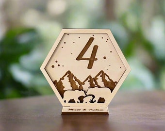 Silver Bear Family Wedding Table Signs with Customized Base Engraving - Hexagon Wedding Table Numbers - Rustic Wedding Decoration for Events