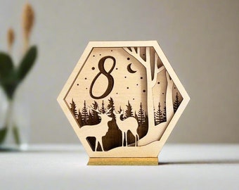 Hexagon Deer Table Numbers for Wedding Reception, Birthday and Gender Reveal Party - Natural Wood Escort Table Numbers - Guest Setting