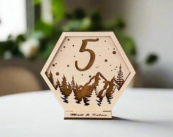 Rose Gold Wedding Table Numbers - Mountain and Forest Table Numbers For Reception - Wooden Wedding Signs For Wedding Table - Wedding Decor
