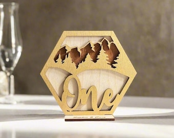 Gold Mountain and Forest Wedding Table Signs - Rustic Wedding Table Numbers - Table Number Setting Decoration - Table Sign - Table Marking
